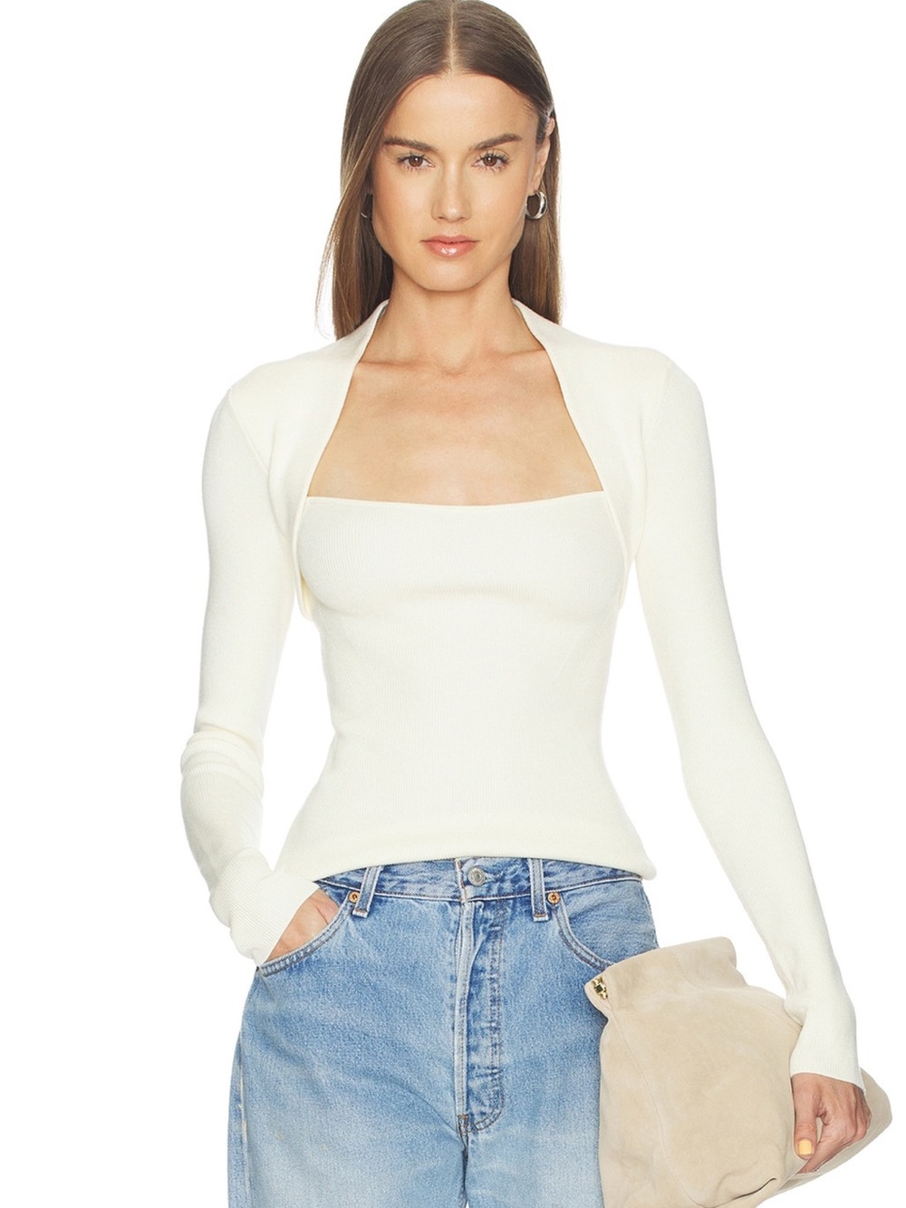 Camila Coelho Brand New Cream Square-Neck Long Sleeve Knit Top